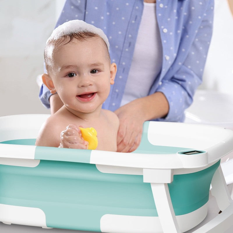Foldable Baby Bathtub PP+TPE with Soft Bath Net&Thermometer for 0 36 Months Todd4