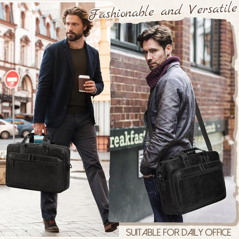 Mens Laptop Bag 16in Leather Briefcase Vintage Messenger Shoulder Work Black1