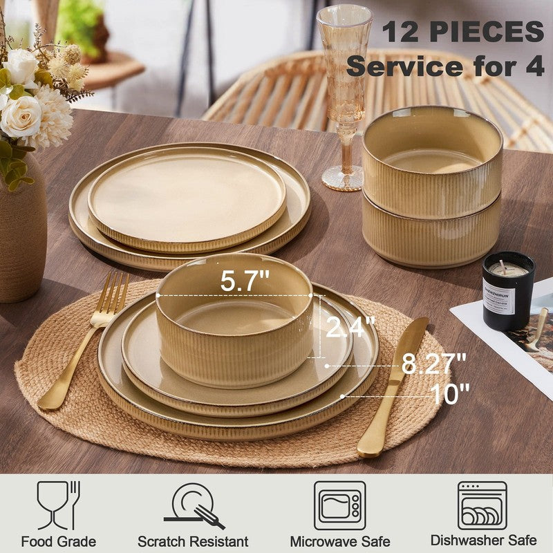 Dinnerware Set for 4, 12 Piece Stoneware Ribbed Dishes with Reactive Glaze, Cera6