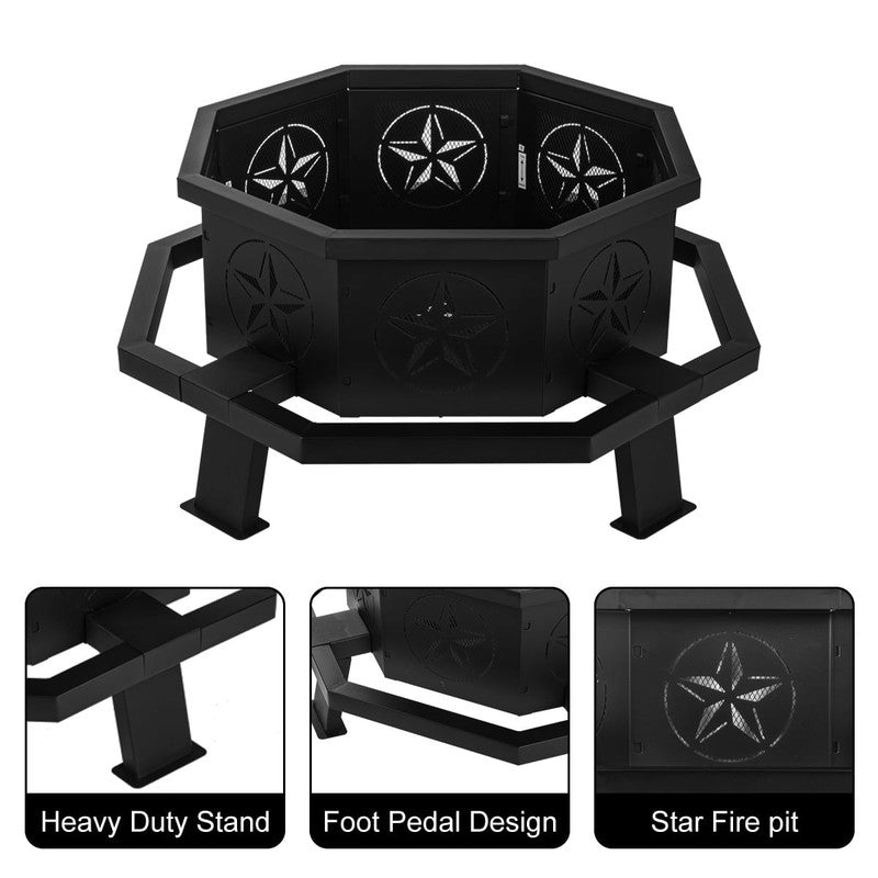 Octagon Wood Fire Pit, 35" Metal Outdoor Firepit for Patio Party Black4