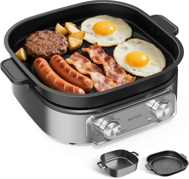 6QT Electric Skillet Grill Non Stick Ceramic 1600W Timer 3 Power Settings0