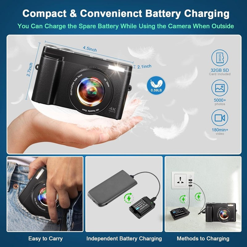 4K 48MP Digital Vlogging Camera Autofocus 16X Zoom +32GB SD Card6