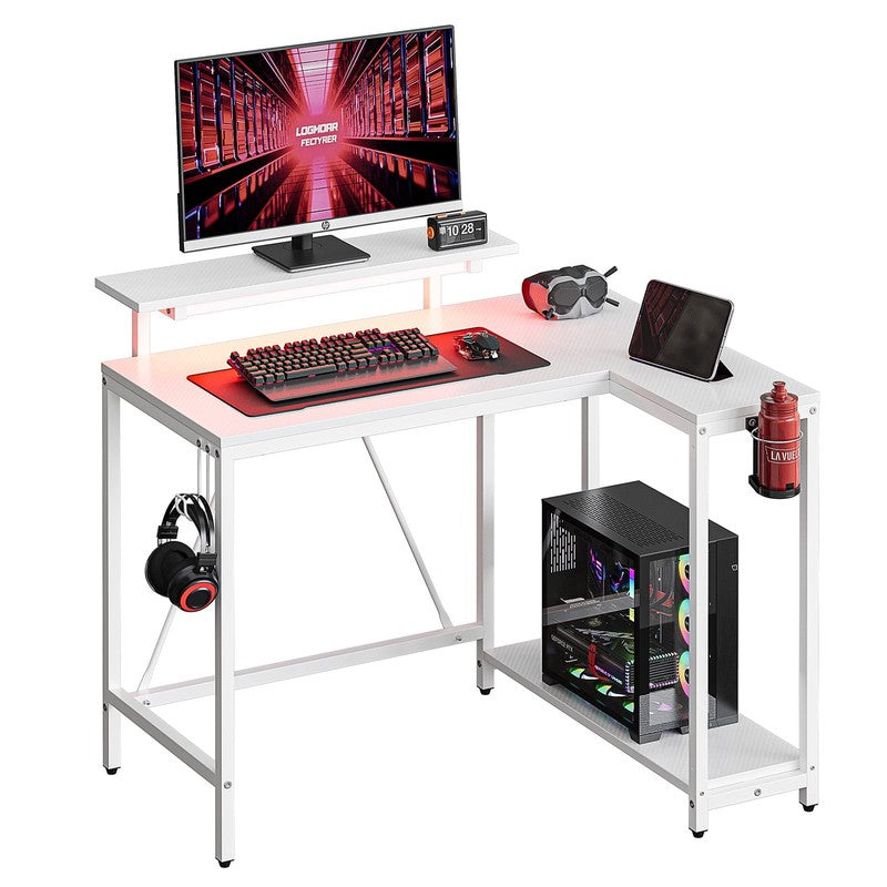 42" Reversible L-Shaped Gaming Desk LED with Monitor Stand & Headset Hooks White9