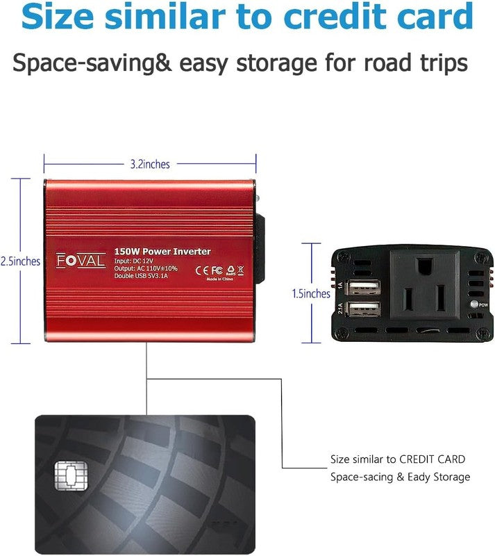 150W Car Power Inverter 12V DC to 110V AC with Dual USB Charger   Classic Red5