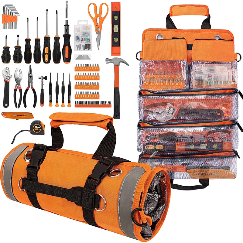 18Pc Home Tool Set DIY Kit Hammer Pliers Wrenches Roll Up Tool Bag Orange0