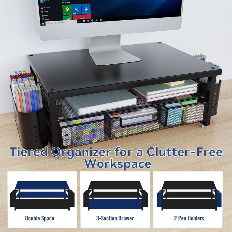 2-Tier Monitor Stand Riser with Drawer & Pen Holder – Desk Organizer for Laptop,8