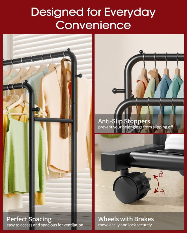 Double-Rod Clothes Rack with Hooks & Mesh Shelf Portable Hanger Black2