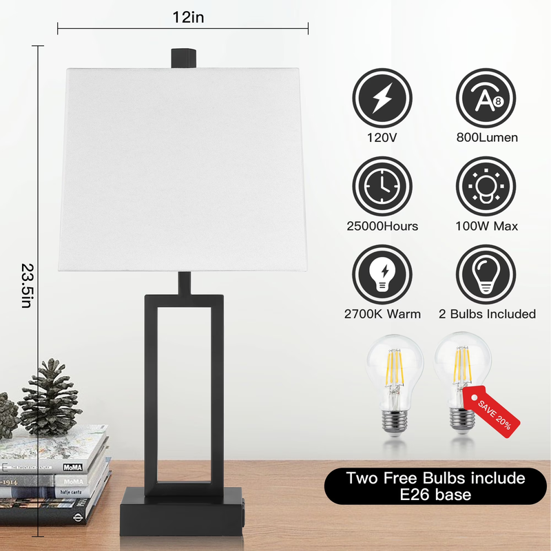 Set of 2 3 Way Dimmable Touch Table Lamps USB Ports AC Outlet Modern Nightstand 3