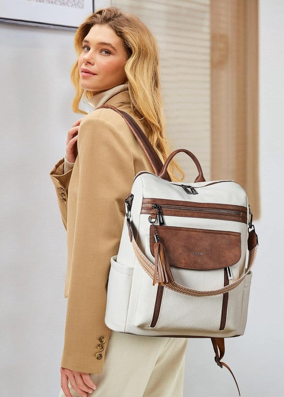 Women Laptop Backpack 15.6" Leather Travel Work Water Resistant Beige Brown1