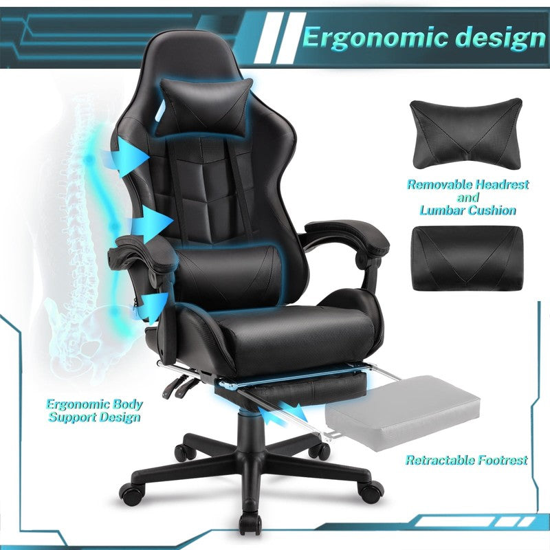 Ergonomic Gaming Chair with Footrest Massage Lumbar Support High Back Black3