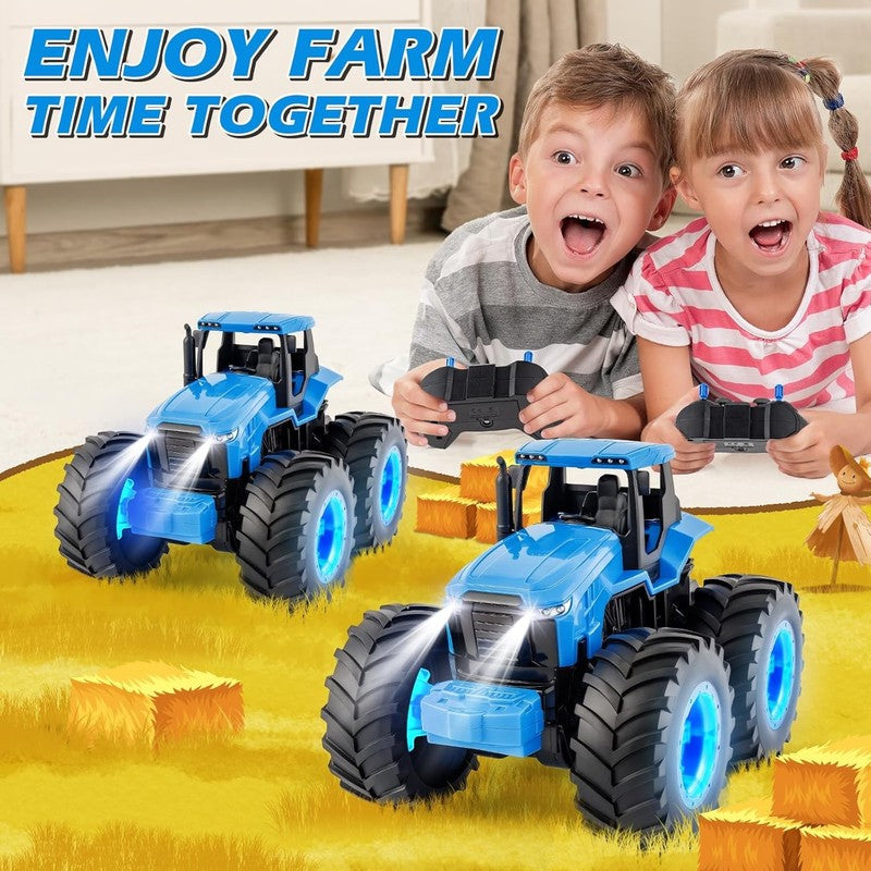 Remote Control Tractor Toys, Light up Farm Monster Trucks Toy for Boys 3, 4, 5, 4