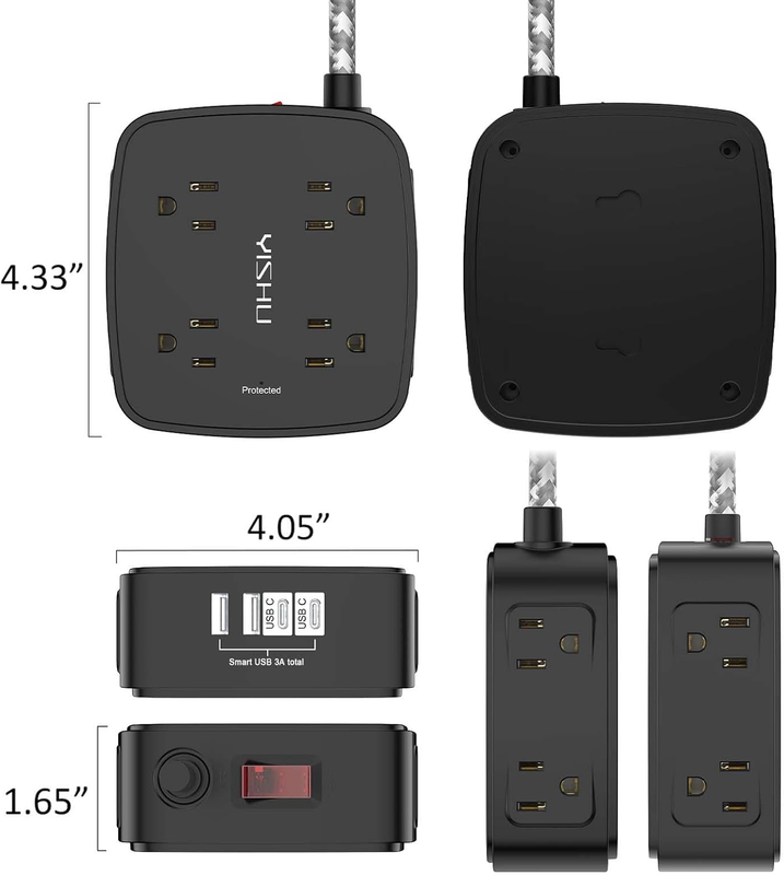 6FT Surge Protector Power Strip 8 Outlets 4 USB 2 USB C Flat Plug Black6
