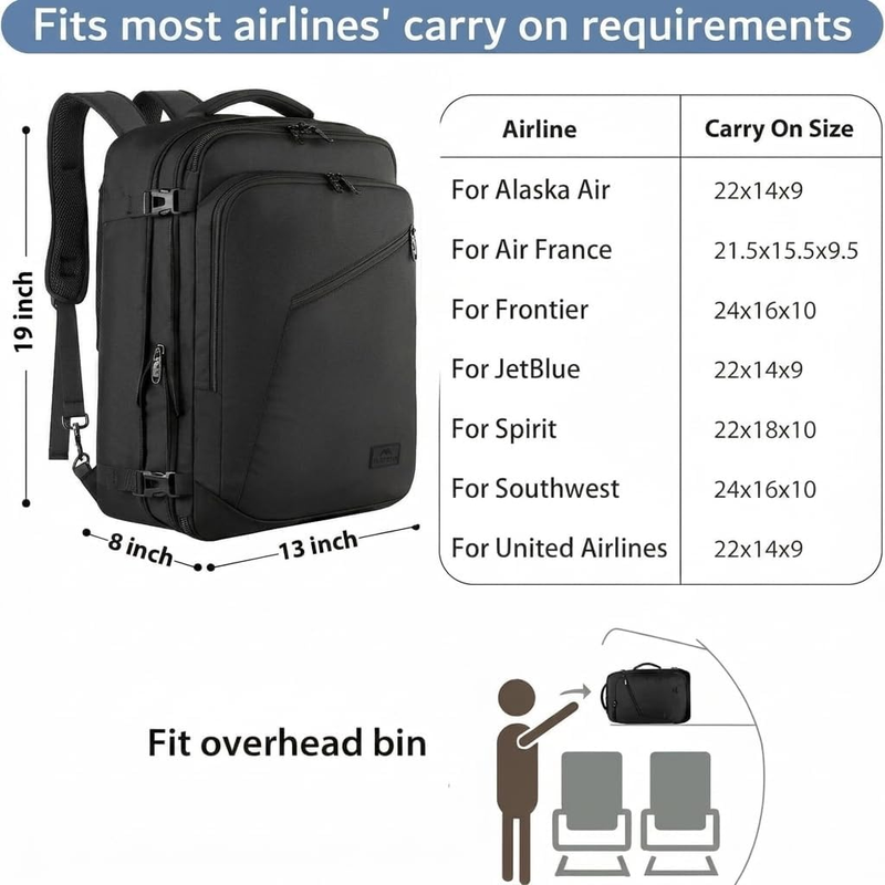40L Travel Backpack Carry On Expandable Flight Approved Bag Black1