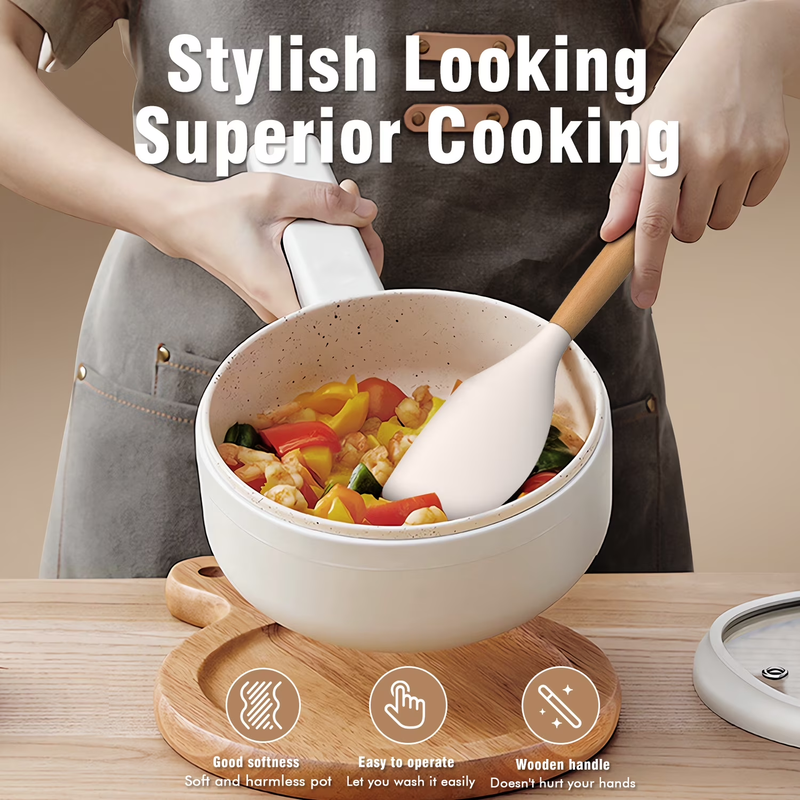 Silicone Kitchen Utensil Set Wooden Handle Holder Heat Resistant Cream White2