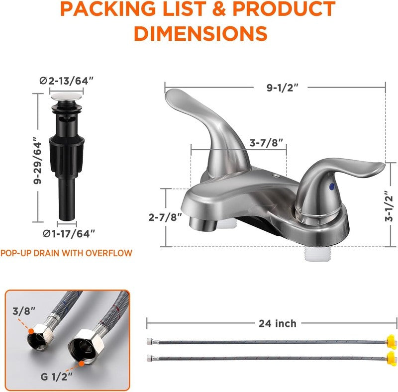 Brushed Nickel Bathroom Sink Faucet 4" Dual Handle w/ Drain Hoses RV2