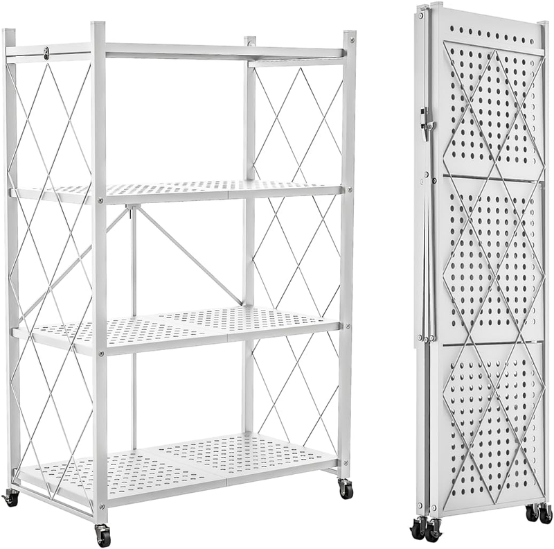 4 Tier Foldable Storage Shelf w Wheels Metal Rolling Rack Kitchen Pantry Office9