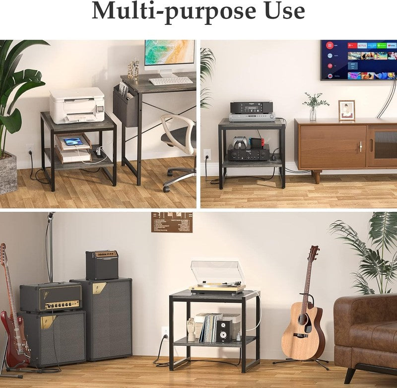 End Table with Charging Station 2 Tier Shelf Mini Fridge Stand Black Oak7