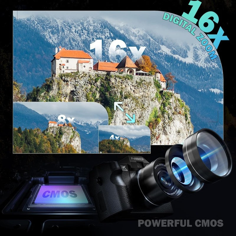 5K Digital Camera 64MP Vlogging 16X Zoom WiFi Wide & Macro Lens Anti-Shake Black3