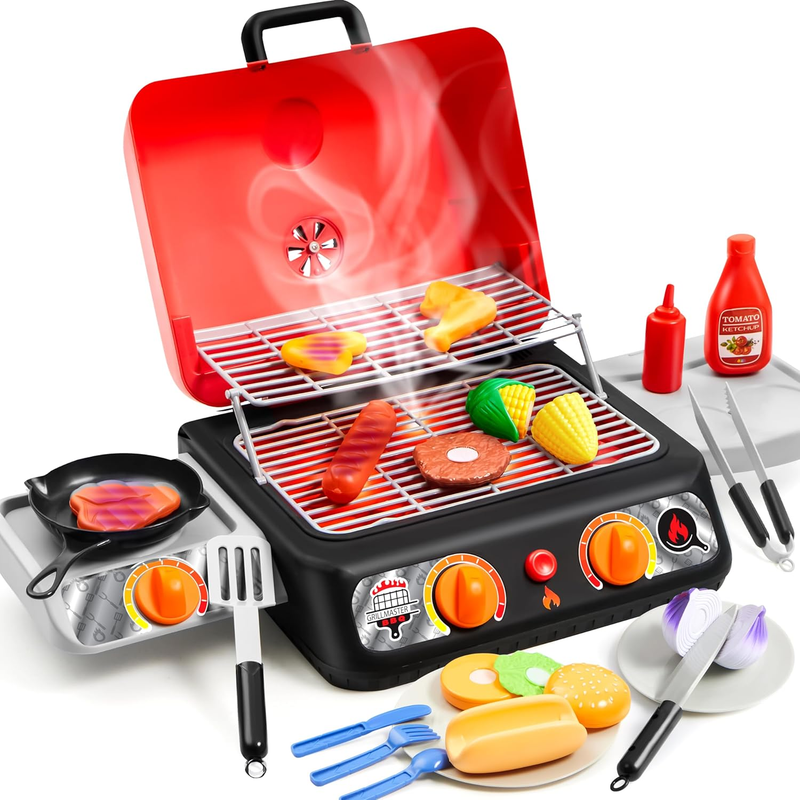 Kids BBQ Grill Playset, Kitchen Toy Set with Pretend Smoke, Light, Sound & Color8