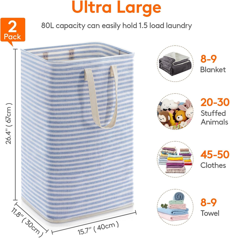 2 Pack 80L Laundry Basket Collapsible Waterproof Reinforced Handles Grey Blue3