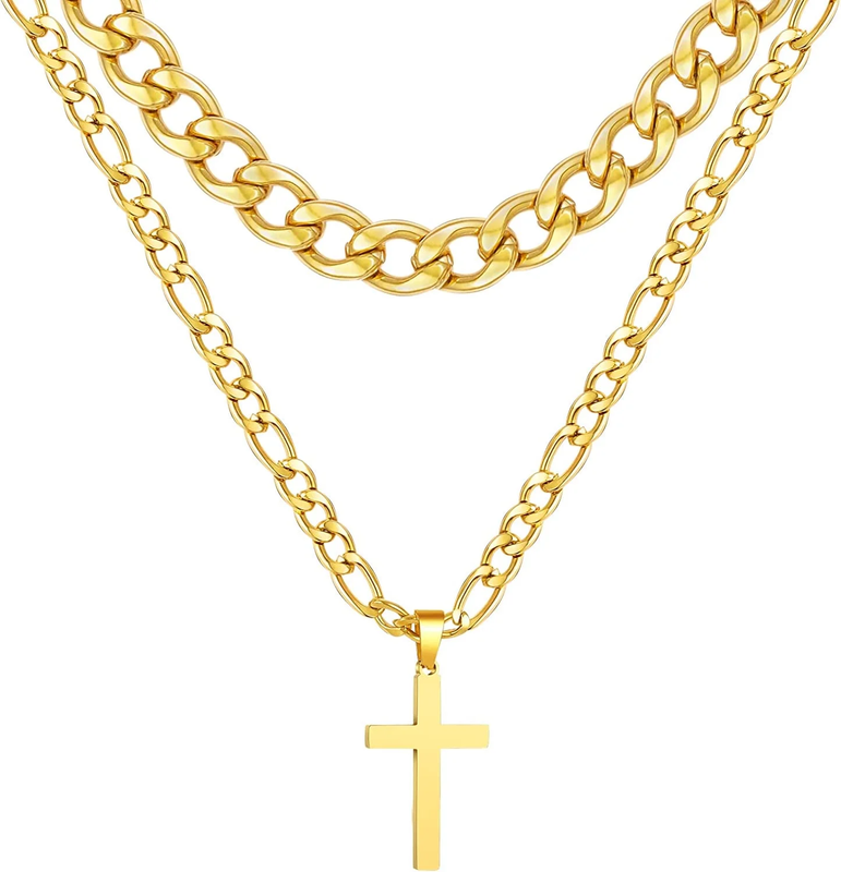 Layered Gold Cross Necklaces for Men Cuban Figaro Chain Set Gift for Dad9