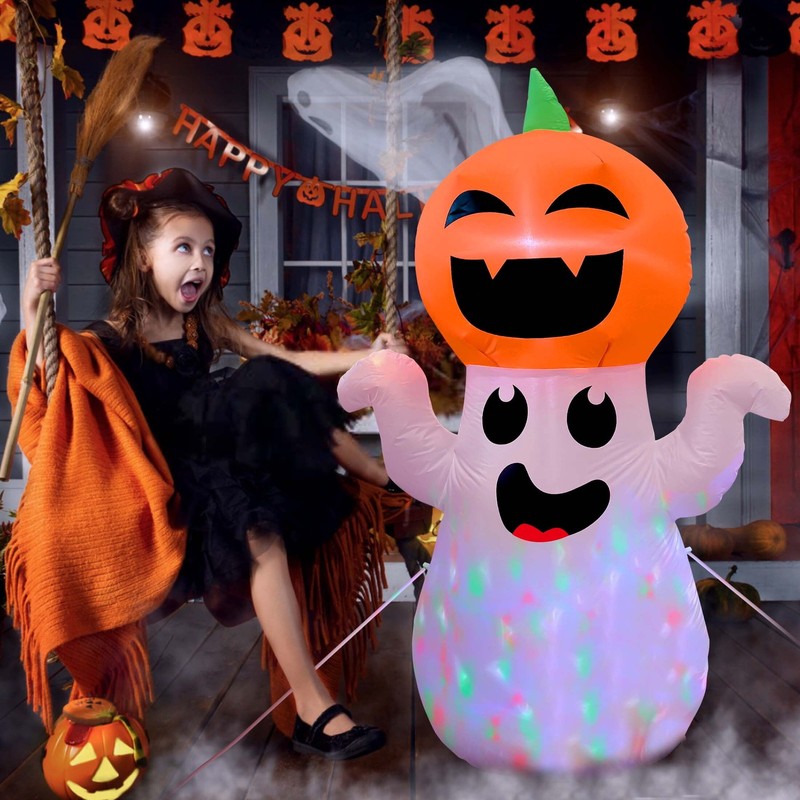 5Ft Halloween Inflatable Pumpkin Ghost w/ 360° Colorful LED Lights Yard Decor1