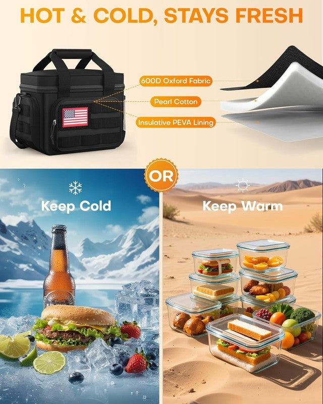 Insulated Tactical Lunch Bag Cooler for Men & Women Black 11"x8"x7"2