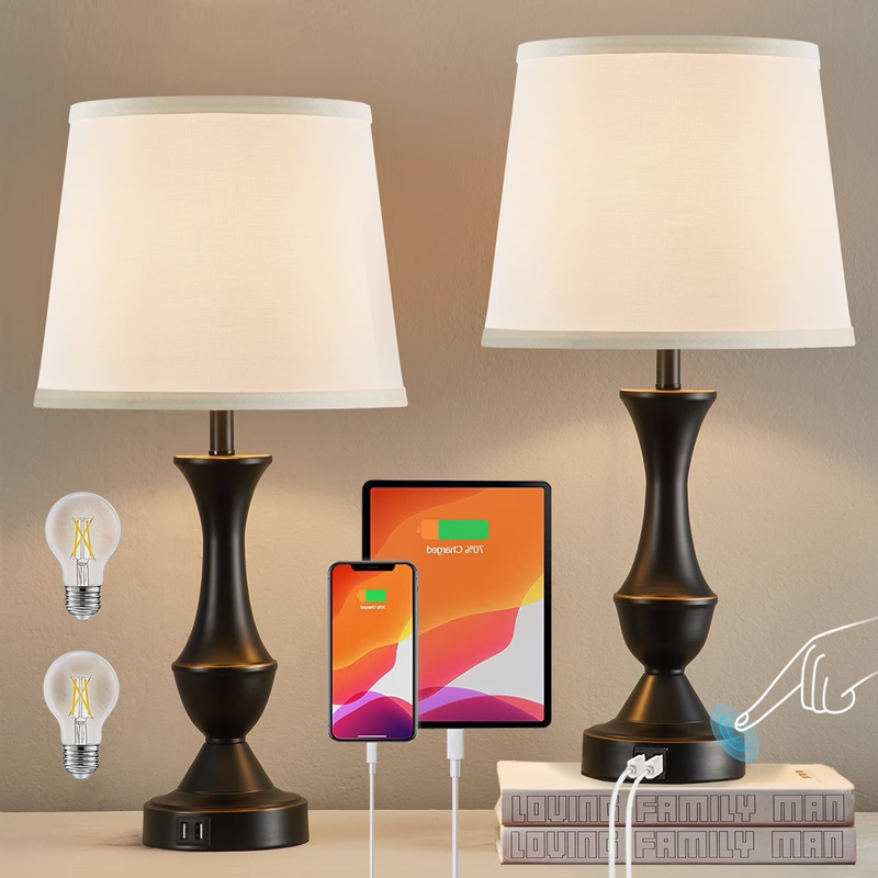 Set of 2 Linen Table Lamps 3 Way Dimmable Nightstand Lamps for Bedroom10