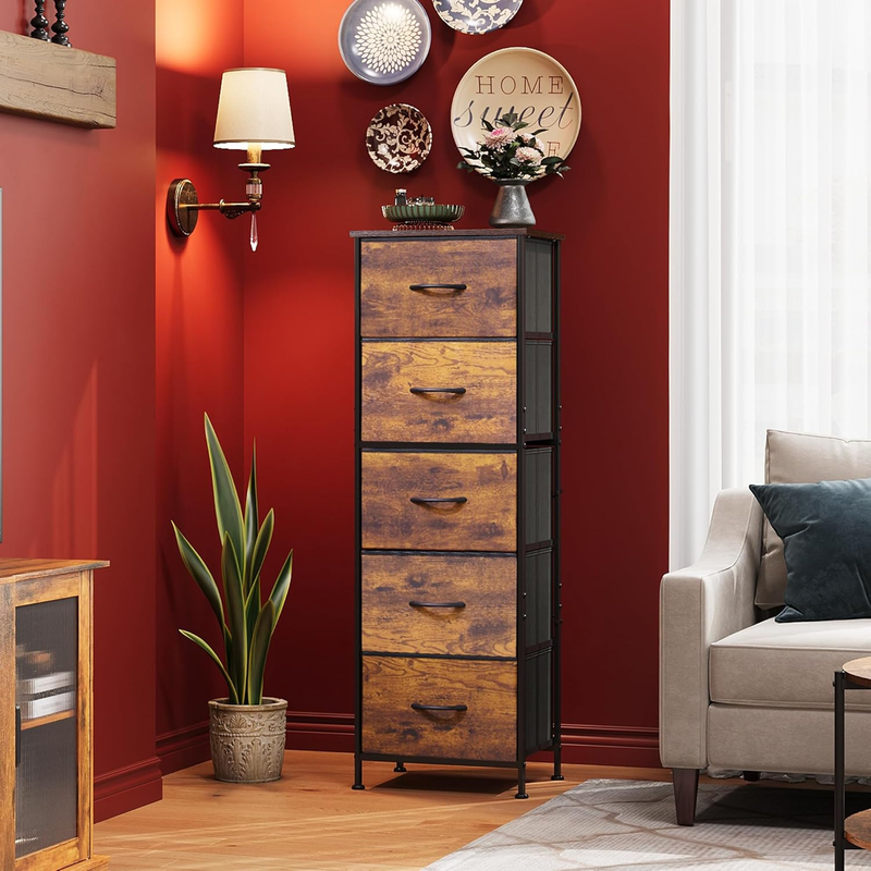 5 Drawer Fabric Dresser Storage Tower Steel Frame Wood Top Rustic Brown3
