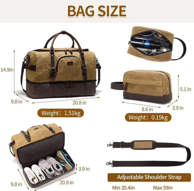 Nerlion Weekender Duffle Bag Brown Canvas Leather Carry On w/ Shoe Compartment4