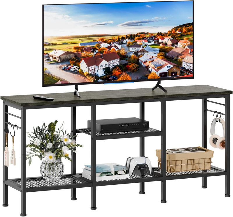 TV Stand for up to 55" TVs, Entertainment Center with Open Storage, Black Oak8