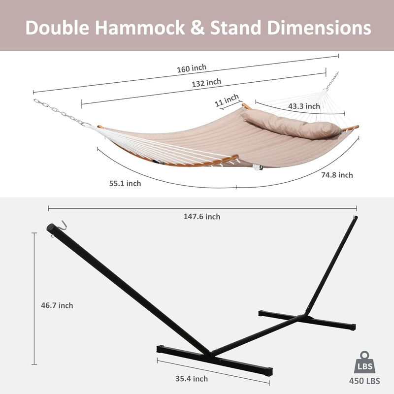 55 Inch Hammock w/ Stand Double Curved Bar 450lb Capacity Outdoor Tan5
