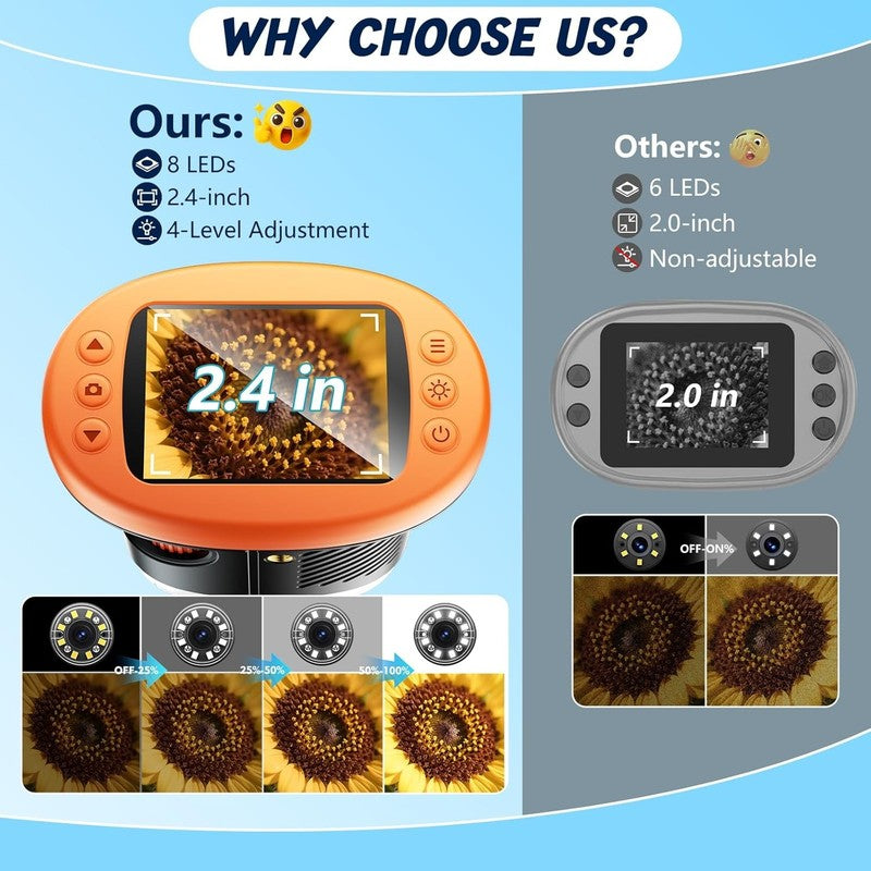 Kids 1000X Handheld Digital Microscope 4K 2.4" Display w/ 12 Slides – Orange1