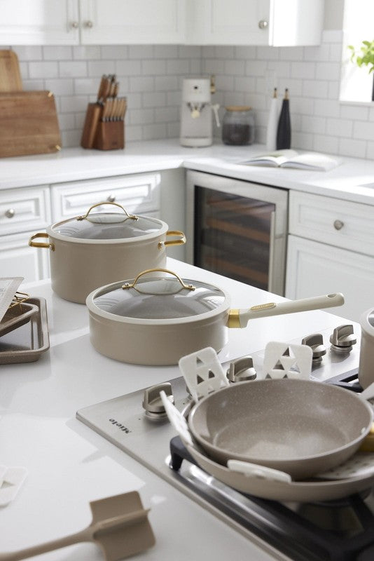 12-Piece Non-Stick Granite Collection Cookware Set, Pots and Pans Set - Taupe & 3