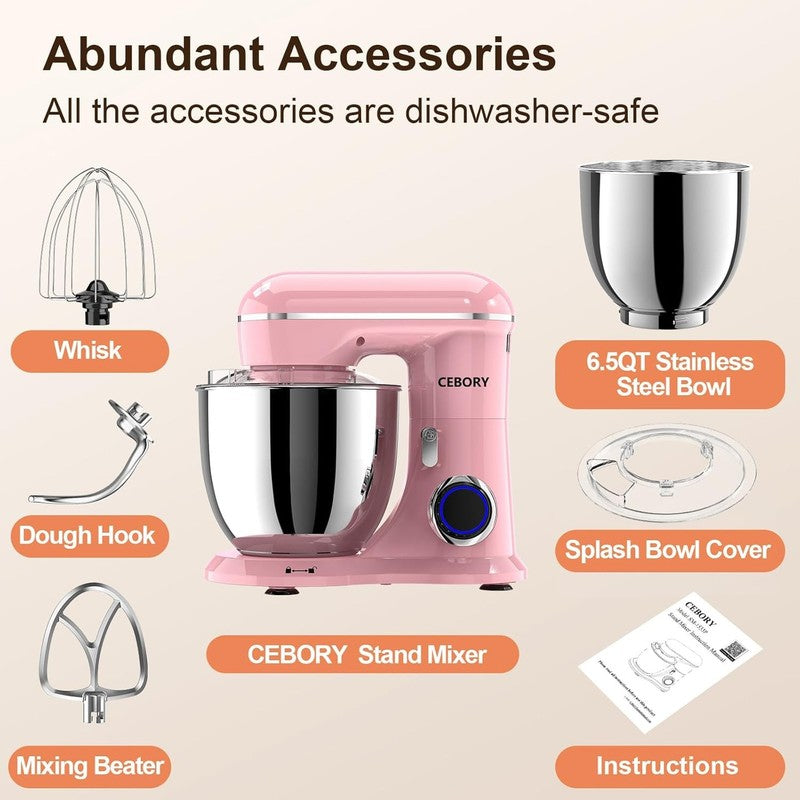 3-in-1 Stand Mixer 6.5QT 660W 10-Speed w/ Dough Hook Whisk Beater1
