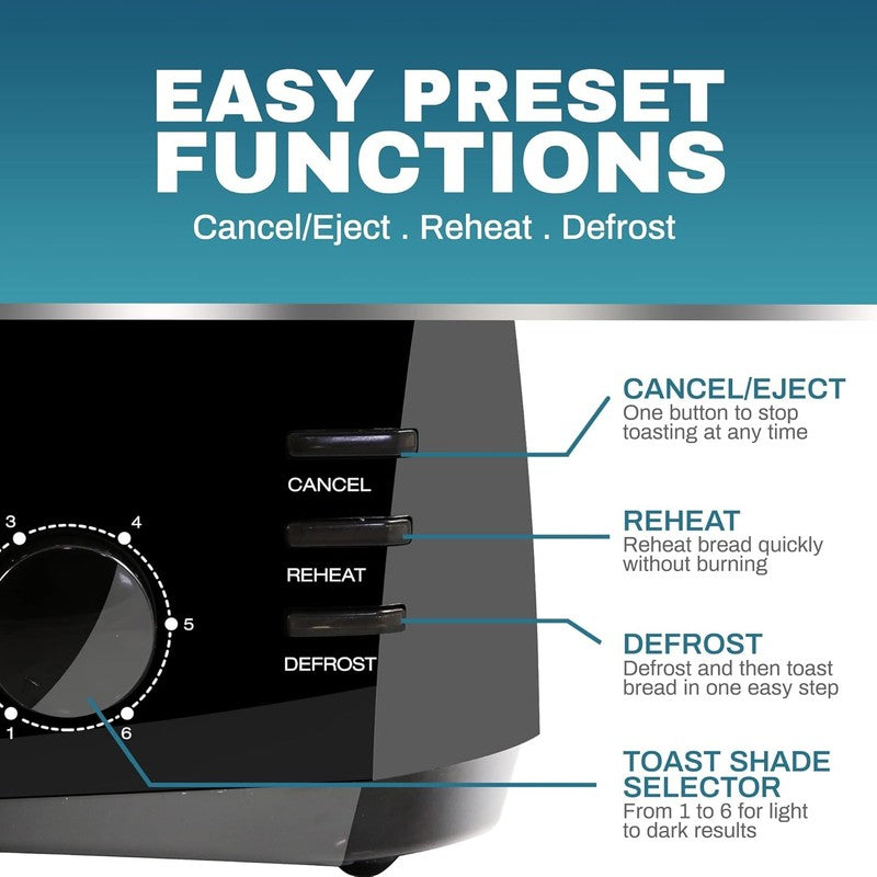 ECT4829B 4 Slice Toaster Black - Long Slots, 6 Settings, Bagel, Defrost, Cancel4