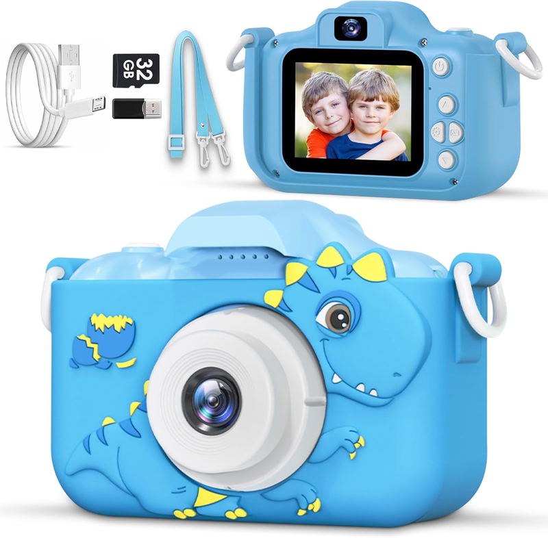 Kids 1080P HD Camera Dinosaur Dual Lens w/32GB SD Gift for Boys Girls 3-911