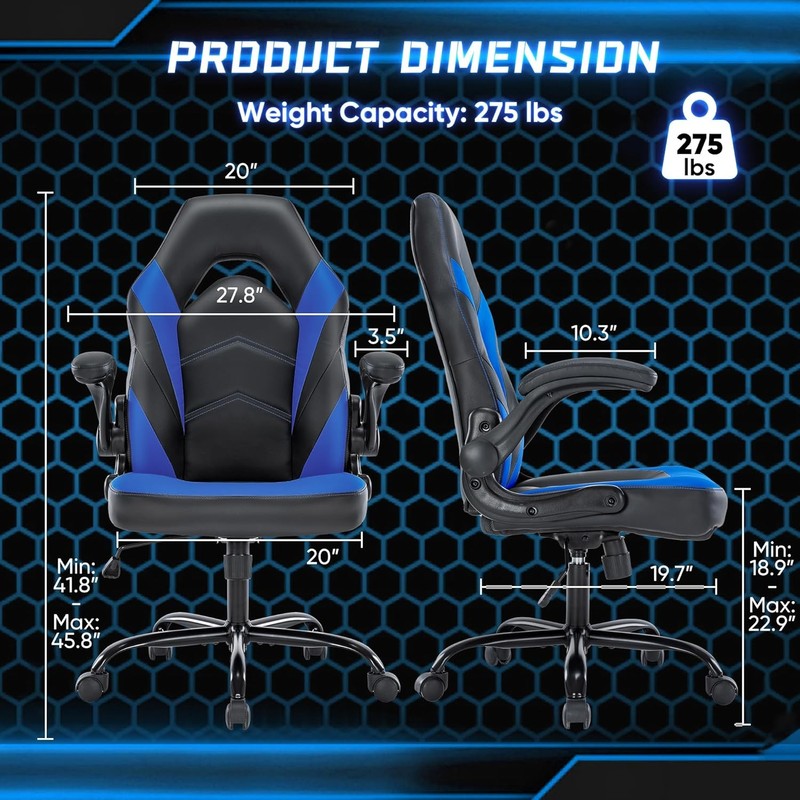 Gaming Office Chair PU Leather Ergonomic Swivel Flip Up Arms Lumbar Blue4