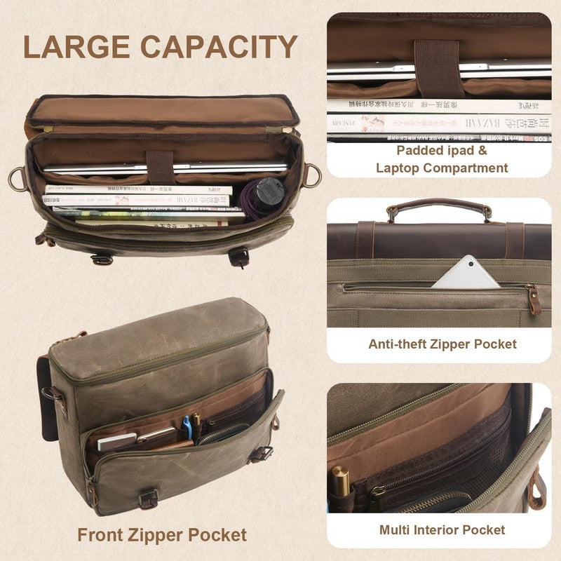 Mens Waxed Canvas Messenger Bag 16 Laptop Briefcase Leather Waterproof Satchel4