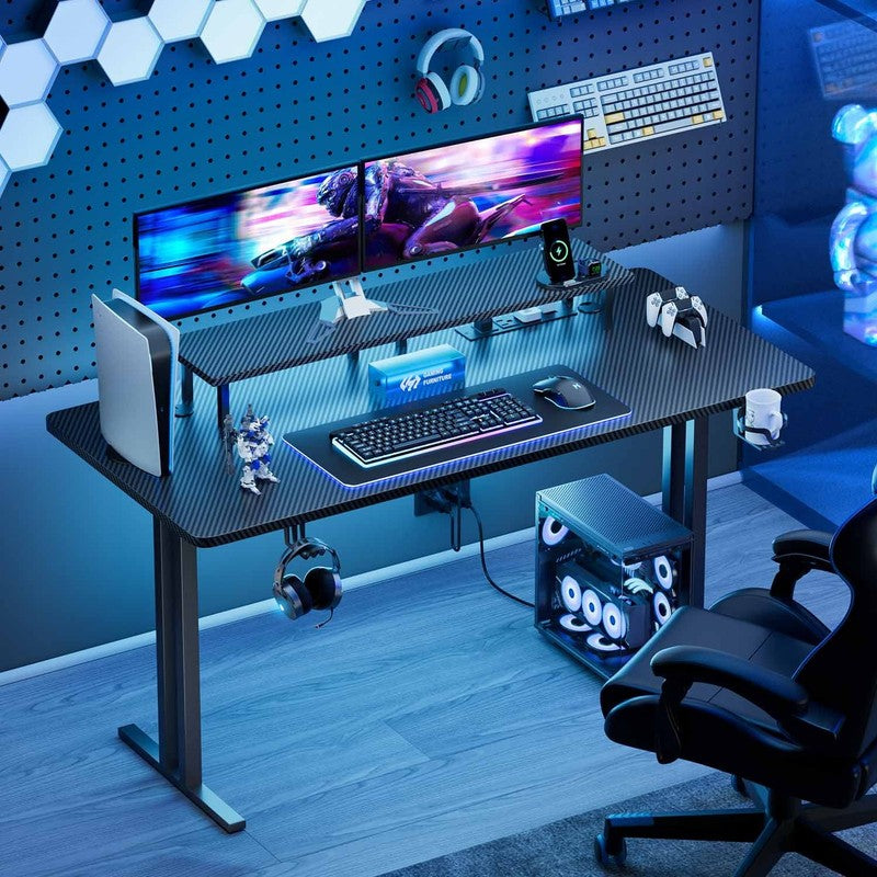 55" Gaming Desk w/ LED Lights & Power Outlet Computer Desk w/ Monitor Stand3