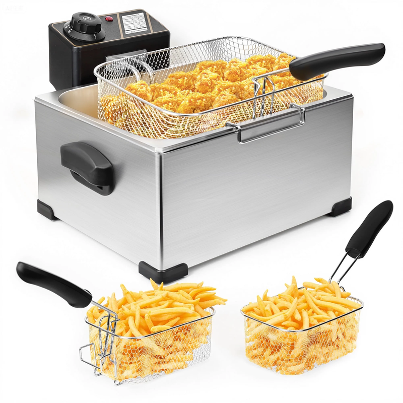 6QT Electric Deep Fryer w/ Dual Baskets Adjustable Temp Timer Nonstick Tank0