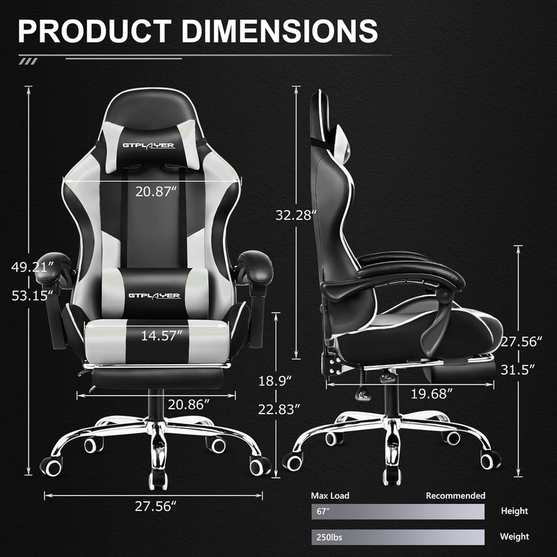 Gaming Chair with Footrest, Lumbar Support, Adjustable Height, 360° Swivel White1