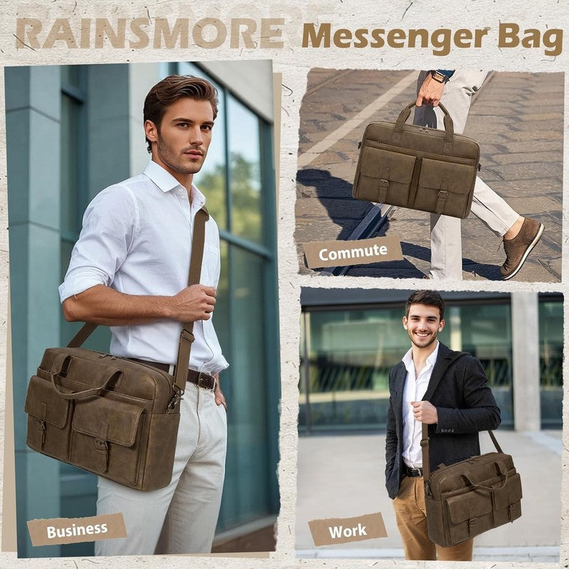 Mens Messenger Bag 16in Leather Laptop Briefcase Vintage Satche Dark Brown1