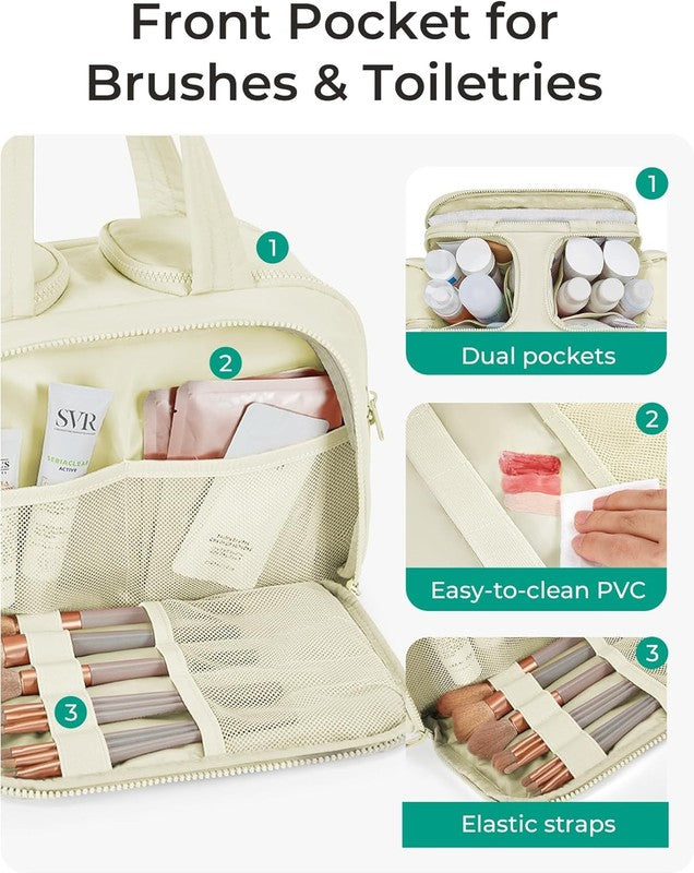 Travel Toiletry Bag Large Wide-Open Puffy Cosmetic Organizer for Women Beige4