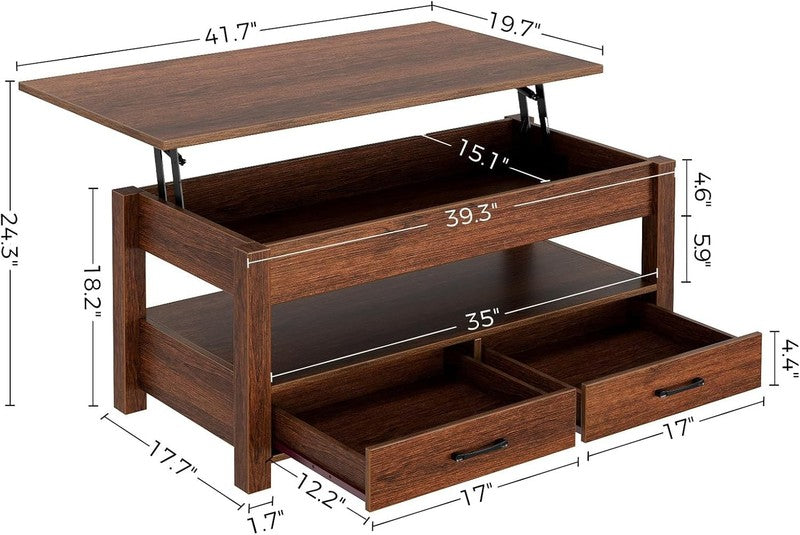 Lift Top Coffee Table w/ Drawers Hidden Compartment Retro Wooden Espresso2