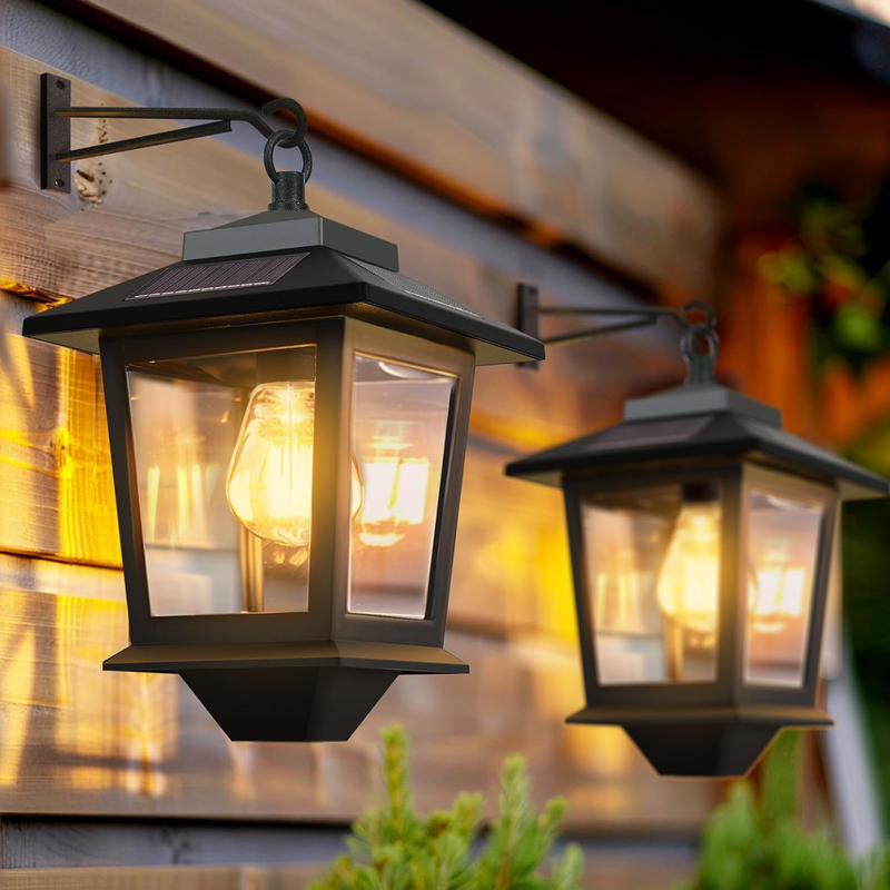 Solar Wall Lanterns 2 Pack   Dusk to Dawn Outdoor LED Sconces with Hooks0
