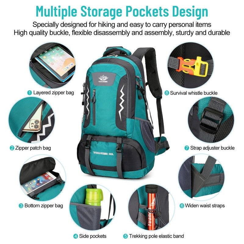 60L Waterproof Hiking Backpack with Reflective Strips & Safety Whistle, Large Ca6
