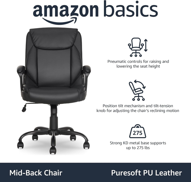 Black PU Padded Office Chair Mid-Back w/ Armrests Metal Base3