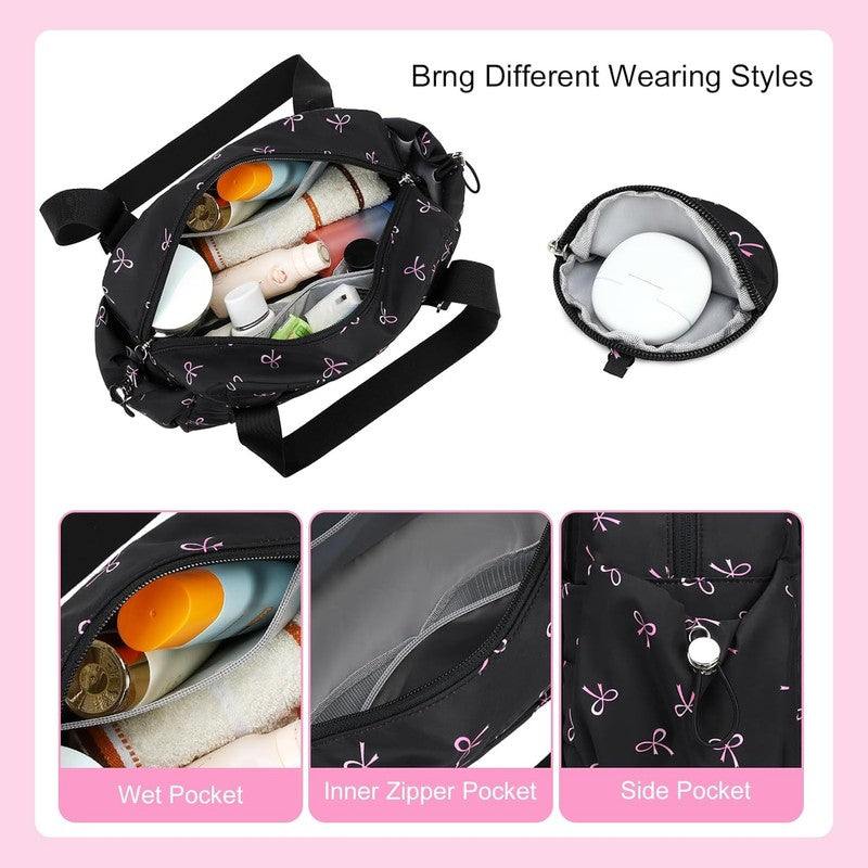 Mini Gym Bag Women Quilted Duffel Wet Compartment Coin Purse Black Pink Bow3