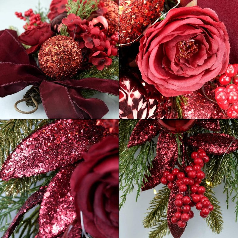 24" Decorative Christmas Teardrop Swag Red Hydrangea Purple Bow Red Berries7